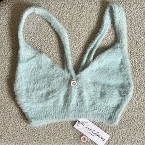 For Love & Lemons Devon Sleeveless Fuzzy Baby Blue Crop Bra Top, NWT, Size M
